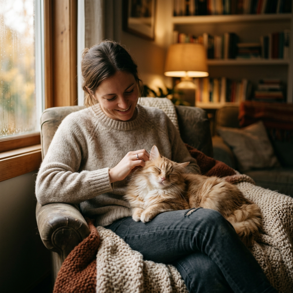Kedilerin Gizemli Dili: Neden Mırıldanırlar? 3 Kucağında kedi seven insan ve rahatlamış kedi