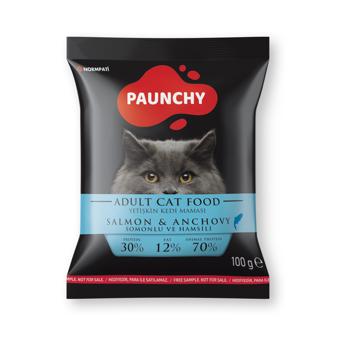 Paunchy_100g_Tester_AdultCat_SalmonAnchovy Numune | Paunchy Somon & Hamsili Yetişkin Kedi Maması<br>100 g - Görsel 1
